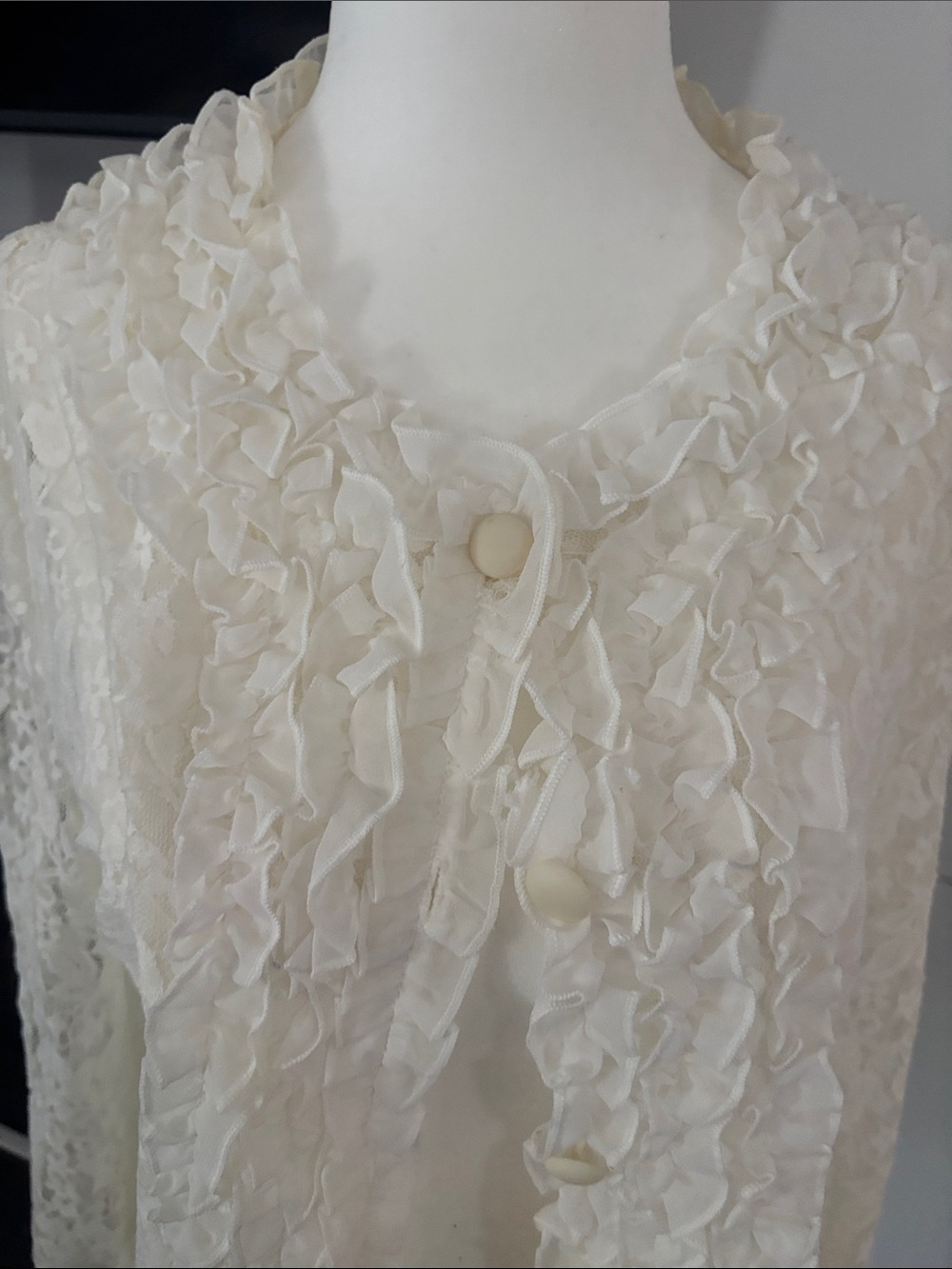 Vintage Ivory Ruffle Lace Button-Front Cardigan - Picture 2 of 6